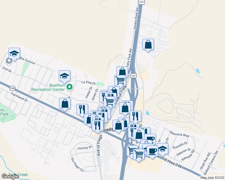 map of restaurants, bars, coffee shops, grocery stores, and more near 595 Central Avenue in Buellton