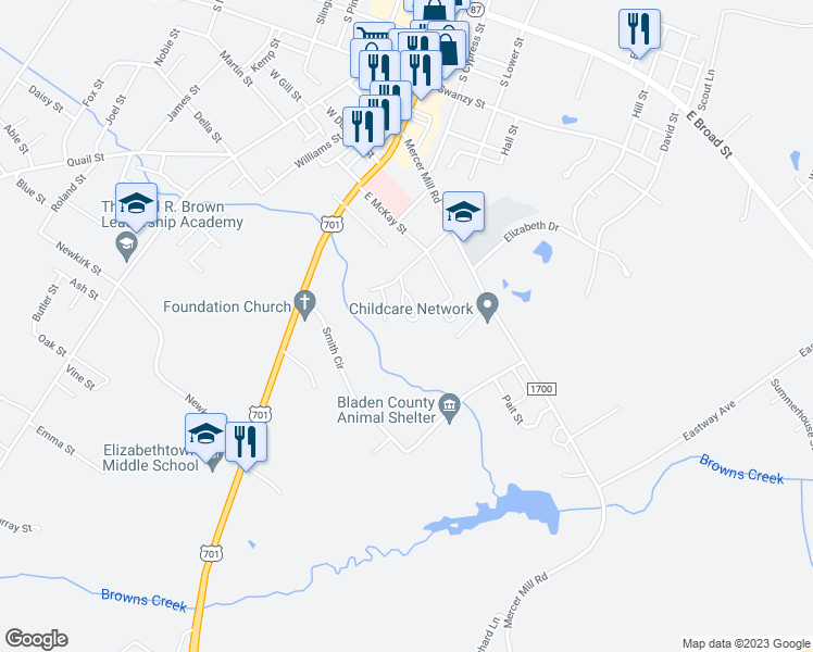 map of restaurants, bars, coffee shops, grocery stores, and more near 615 McLeod Street in Elizabethtown