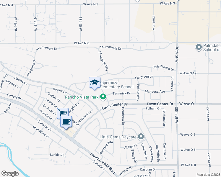map of restaurants, bars, coffee shops, grocery stores, and more near 3524 Falls Court in Palmdale
