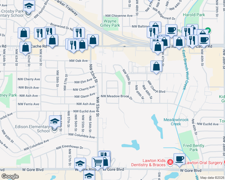map of restaurants, bars, coffee shops, grocery stores, and more near 5103 Northwest Cherry Avenue in Lawton