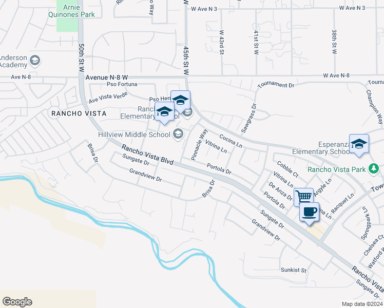 map of restaurants, bars, coffee shops, grocery stores, and more near 40507 Pinnacle Way in Palmdale