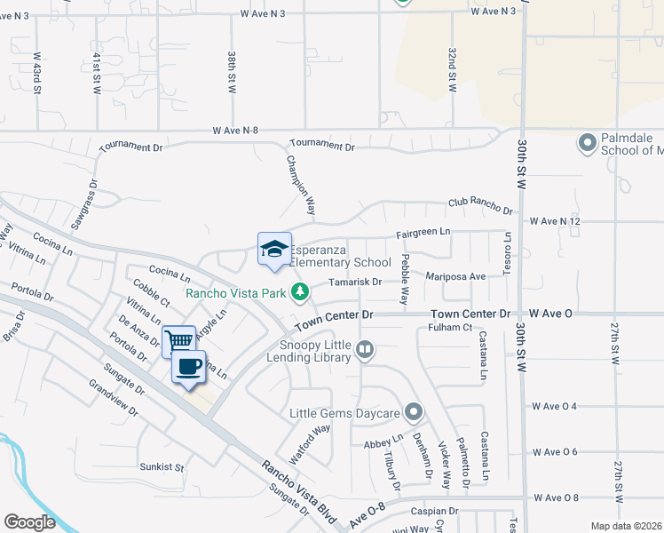 map of restaurants, bars, coffee shops, grocery stores, and more near 3512 Falls Court in Palmdale