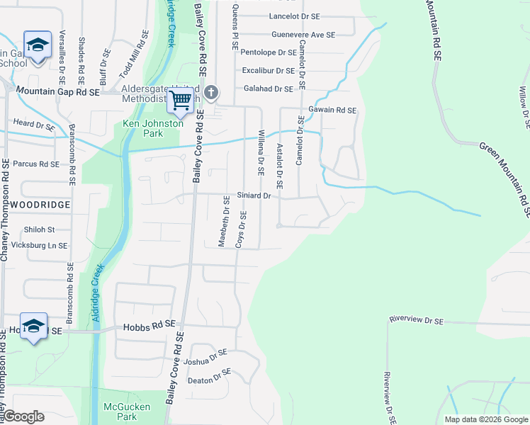 map of restaurants, bars, coffee shops, grocery stores, and more near 2703 Willena Drive Southeast in Huntsville
