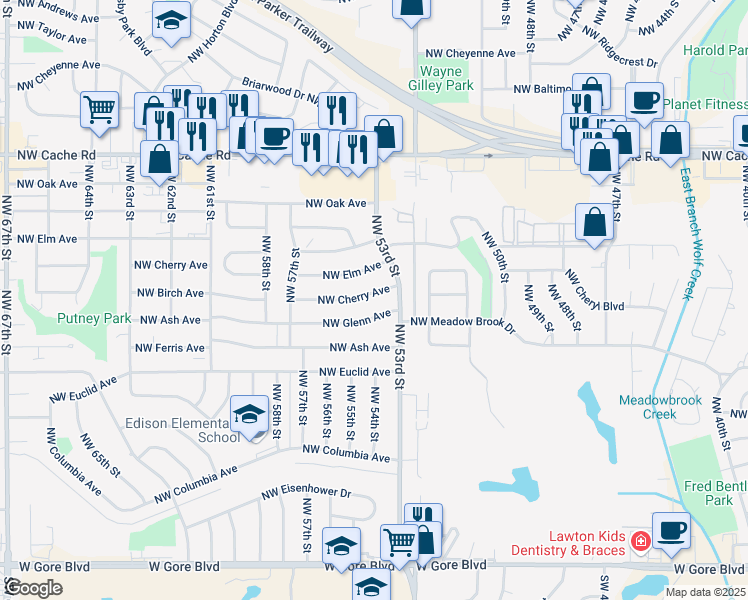map of restaurants, bars, coffee shops, grocery stores, and more near 5308 Northwest Cherry Avenue in Lawton