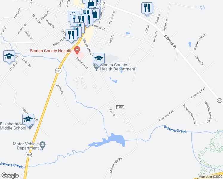 map of restaurants, bars, coffee shops, grocery stores, and more near 505 Mercer Mill Road in Elizabethtown