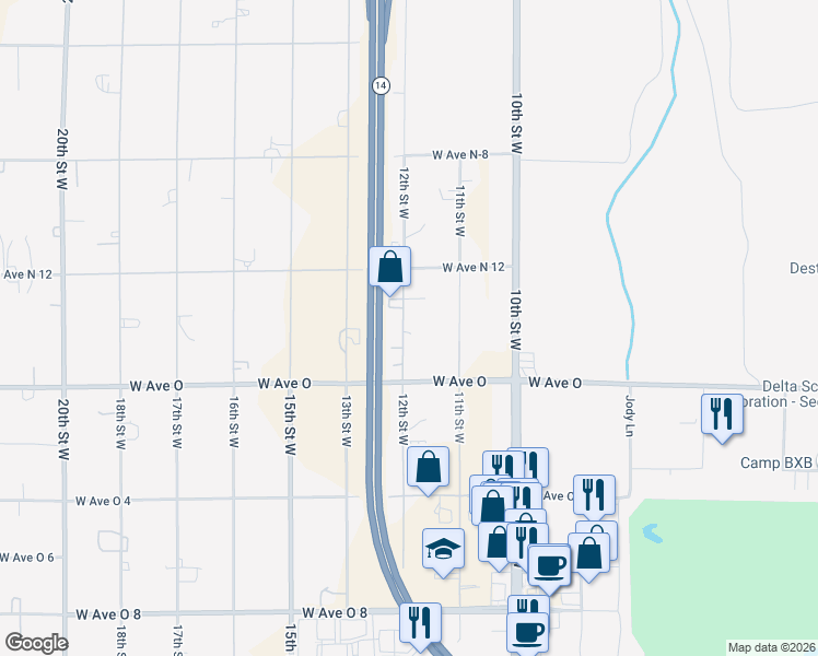 map of restaurants, bars, coffee shops, grocery stores, and more near 40458 12th Street West in Palmdale