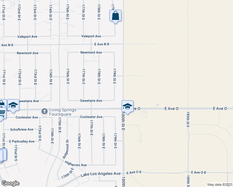 map of restaurants, bars, coffee shops, grocery stores, and more near 40534 179th Street East in Lancaster