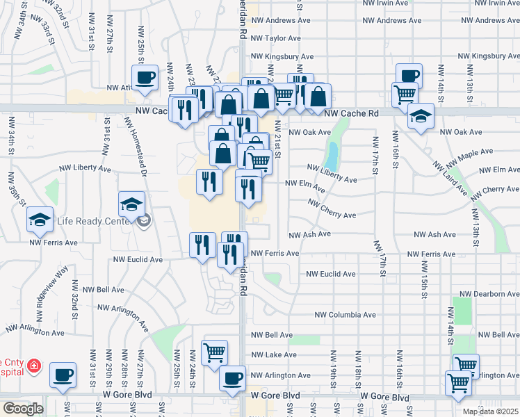 map of restaurants, bars, coffee shops, grocery stores, and more near 807 Northwest Sheridan Road in Lawton