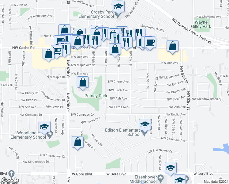 map of restaurants, bars, coffee shops, grocery stores, and more near 6206 Northwest Birch Avenue in Lawton