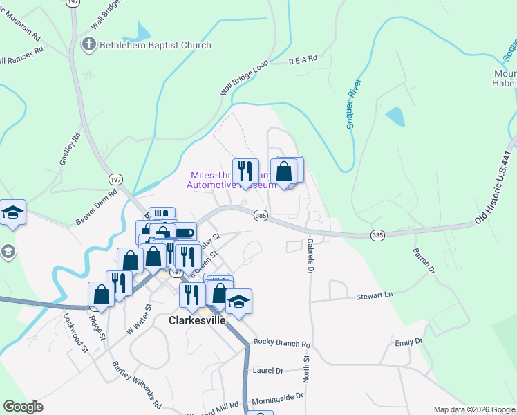 map of restaurants, bars, coffee shops, grocery stores, and more near 525 Grant Street in Clarkesville