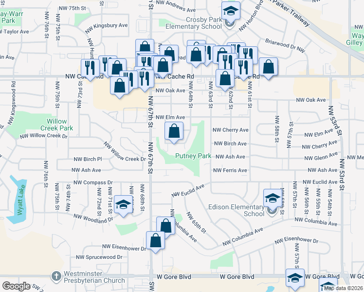 map of restaurants, bars, coffee shops, grocery stores, and more near 6404 Northwest 64th Street in Lawton