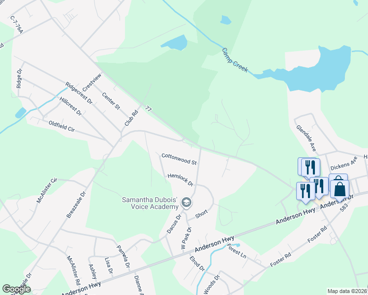 map of restaurants, bars, coffee shops, grocery stores, and more near 7 Breazeale Drive in Williamston