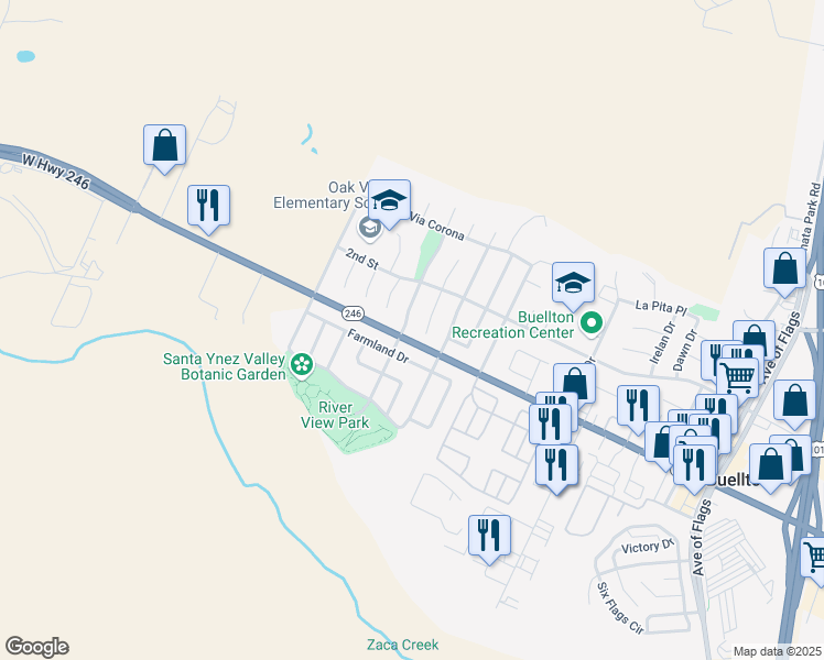 map of restaurants, bars, coffee shops, grocery stores, and more near 310 Sycamore Drive in Buellton