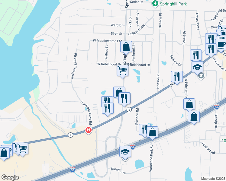 map of restaurants, bars, coffee shops, grocery stores, and more near 2601 Arey Drive in Bryant