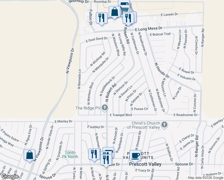 map of restaurants, bars, coffee shops, grocery stores, and more near 5229 North Robert Road in Prescott Valley