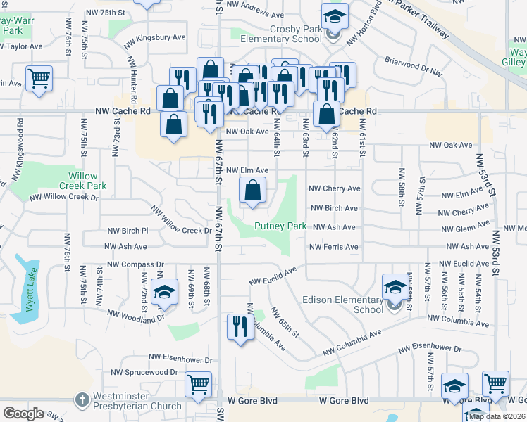 map of restaurants, bars, coffee shops, grocery stores, and more near 6404 Northwest 64th Street in Lawton