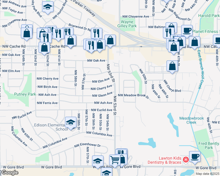 map of restaurants, bars, coffee shops, grocery stores, and more near 5308 Northwest Cherry Avenue in Lawton