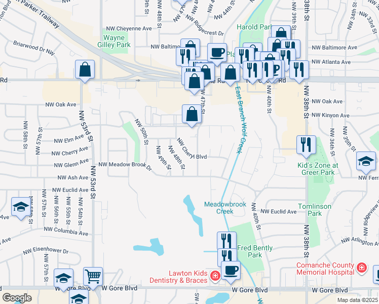 map of restaurants, bars, coffee shops, grocery stores, and more near 4705 Northwest Cheryl Boulevard in Lawton