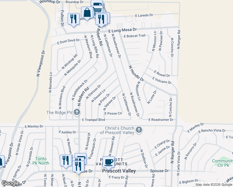 map of restaurants, bars, coffee shops, grocery stores, and more near 5214 North Squaw Drive in Prescott Valley