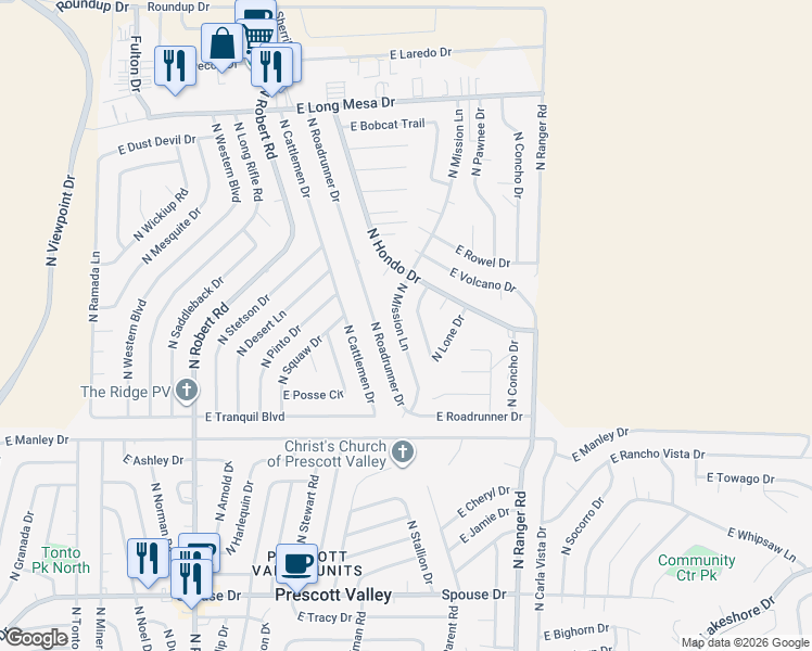 map of restaurants, bars, coffee shops, grocery stores, and more near 5201 North Mission Lane in Prescott Valley
