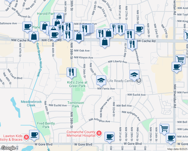 map of restaurants, bars, coffee shops, grocery stores, and more near 715 Northwest 35th Place in Lawton