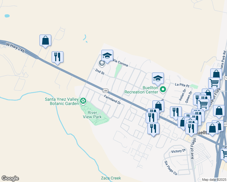 map of restaurants, bars, coffee shops, grocery stores, and more near 310 Sycamore Drive in Buellton