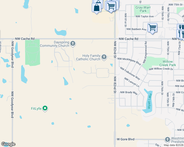 map of restaurants, bars, coffee shops, grocery stores, and more near 8223 Northwest Stonebridge Court in Lawton
