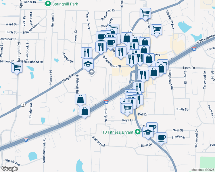 map of restaurants, bars, coffee shops, grocery stores, and more near 22660 Interstate 30 in Bryant