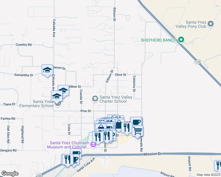 map of restaurants, bars, coffee shops, grocery stores, and more near 3570 Willow Street in Santa Ynez