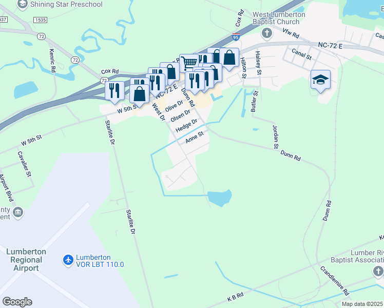 map of restaurants, bars, coffee shops, grocery stores, and more near 2971 Bragg Street in Lumberton