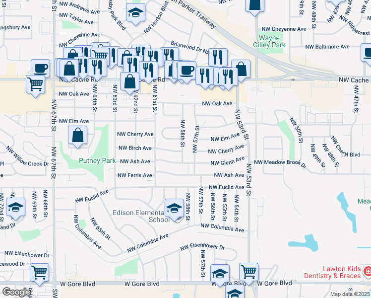 map of restaurants, bars, coffee shops, grocery stores, and more near 815 Northwest 58th Street in Lawton