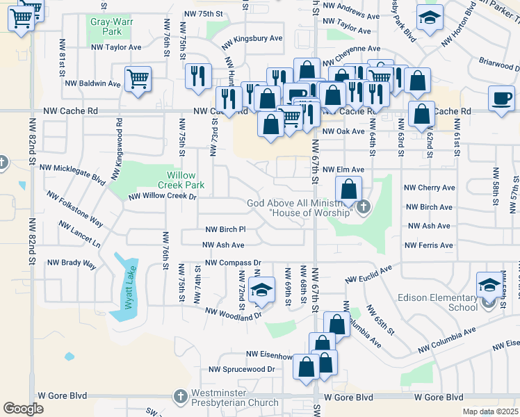 map of restaurants, bars, coffee shops, grocery stores, and more near 7201 Northwest Dogwood Lane in Lawton