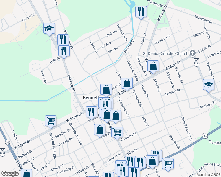map of restaurants, bars, coffee shops, grocery stores, and more near 303 East Market Street in Bennettsville