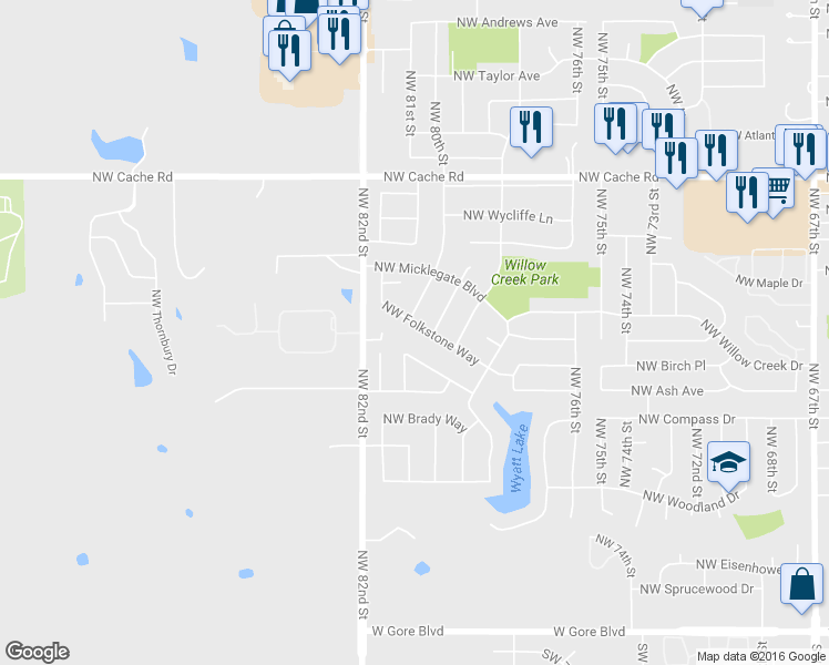 map of restaurants, bars, coffee shops, grocery stores, and more near 7634 Northwest Folkstone Way in Lawton