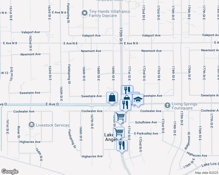map of restaurants, bars, coffee shops, grocery stores, and more near 40534 169th Street East in Lancaster