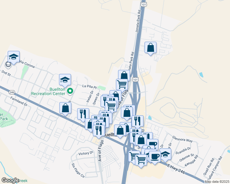 map of restaurants, bars, coffee shops, grocery stores, and more near 595 Central Avenue in Buellton