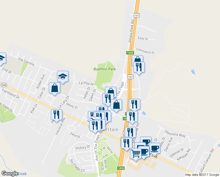 map of restaurants, bars, coffee shops, grocery stores, and more near 593 Central Avenue in Buellton