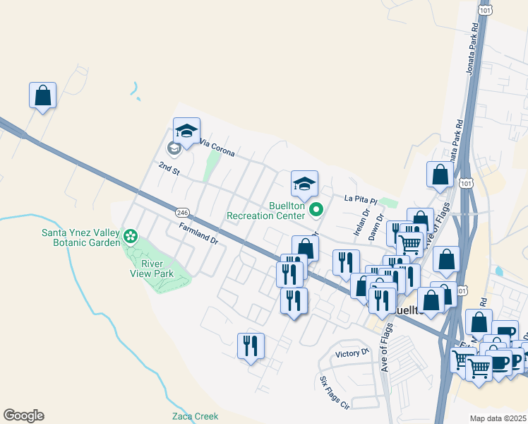 map of restaurants, bars, coffee shops, grocery stores, and more near 370 2nd Street in Buellton