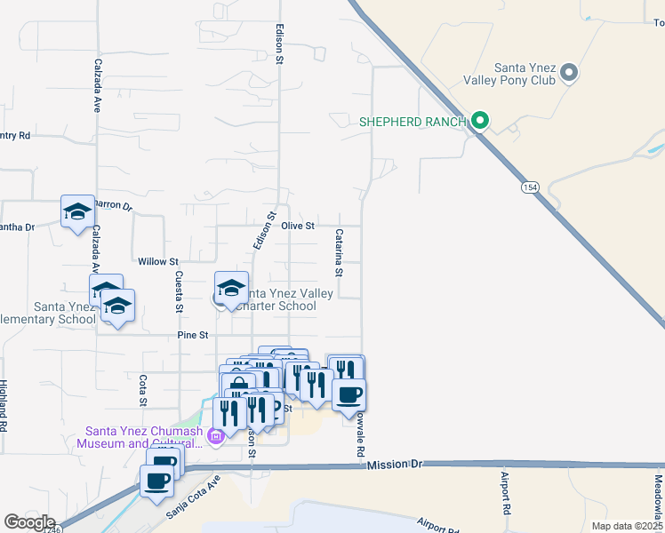 map of restaurants, bars, coffee shops, grocery stores, and more near 1295 Catarina Street in Santa Ynez