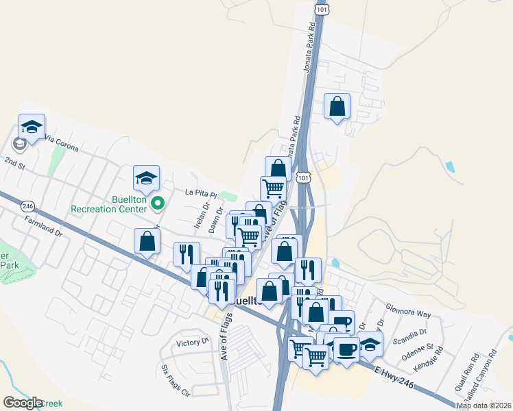 map of restaurants, bars, coffee shops, grocery stores, and more near 593 Central Avenue in Buellton