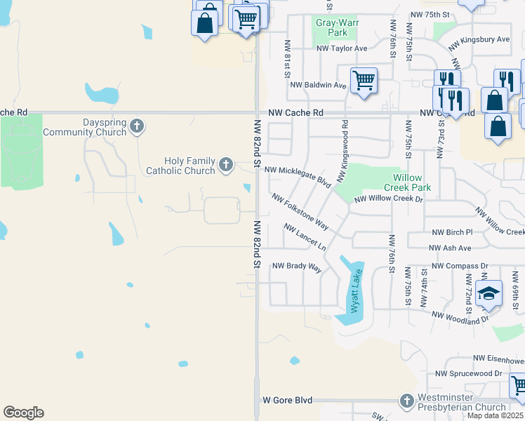 map of restaurants, bars, coffee shops, grocery stores, and more near 801 Northwest 82nd Street in Lawton