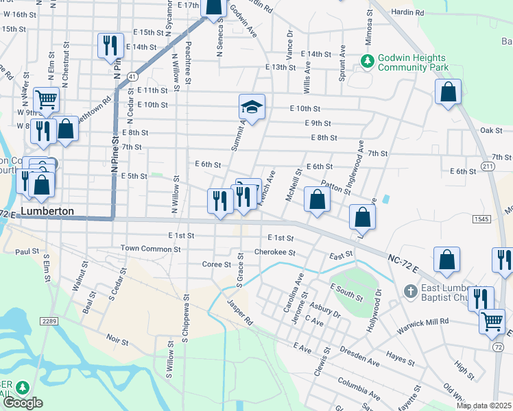 map of restaurants, bars, coffee shops, grocery stores, and more near 1007 East 5th Street in Lumberton