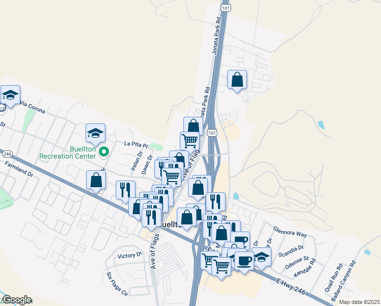 map of restaurants, bars, coffee shops, grocery stores, and more near 609 Avenue of Flags in Buellton