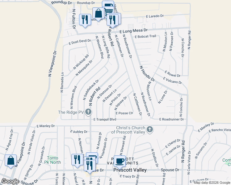 map of restaurants, bars, coffee shops, grocery stores, and more near 5214 North Pinto Drive in Prescott Valley