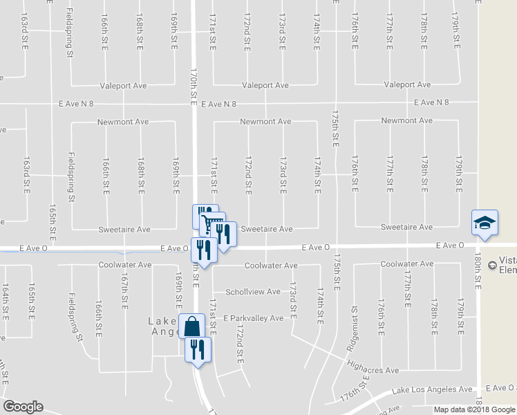 map of restaurants, bars, coffee shops, grocery stores, and more near 40536 172nd Street East in Lancaster