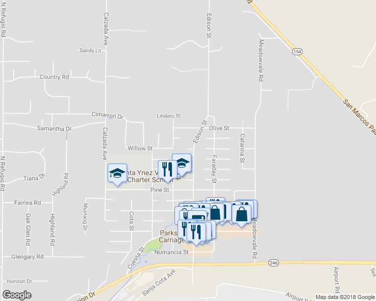 map of restaurants, bars, coffee shops, grocery stores, and more near 1299 Edison Street in Santa Ynez