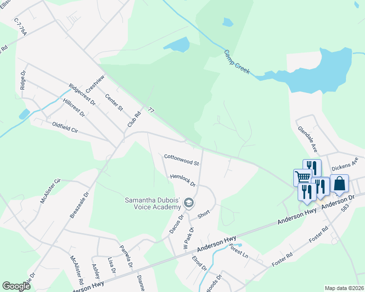 map of restaurants, bars, coffee shops, grocery stores, and more near 7 Breazeale Drive in Williamston