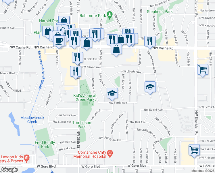 map of restaurants, bars, coffee shops, grocery stores, and more near 817 Northwest 35th Street in Lawton