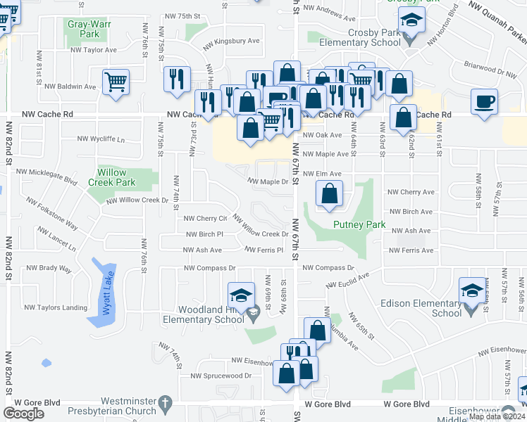 map of restaurants, bars, coffee shops, grocery stores, and more near 6840 Northwest Willow Springs Drive in Lawton