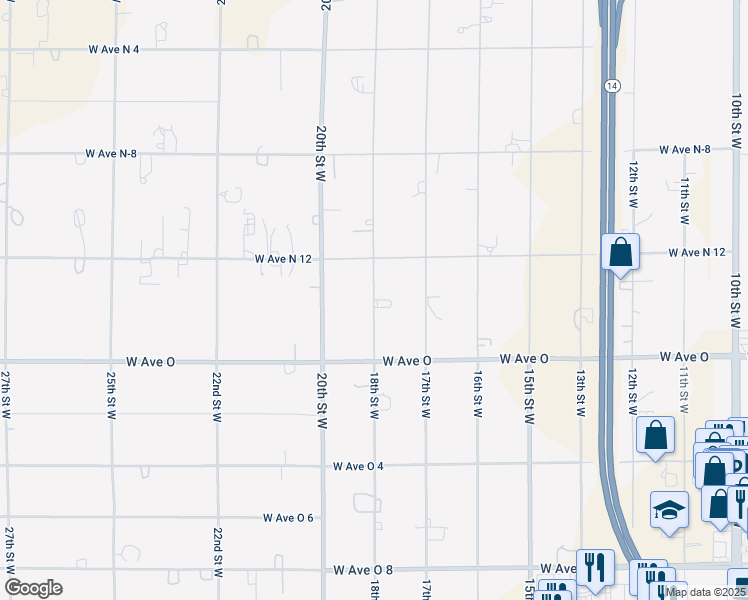 map of restaurants, bars, coffee shops, grocery stores, and more near 18th Street West in Palmdale
